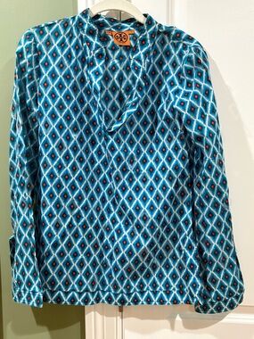Tory Burch Teal Diamond-Print Long-Sleeve Shirt